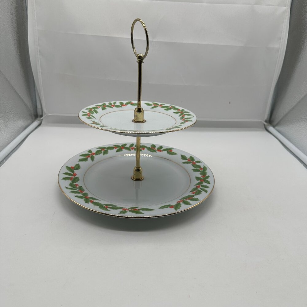 Rare Discontinued Tienshan Holly Pattern Crown Ming Fine China 2 Tiered Serving